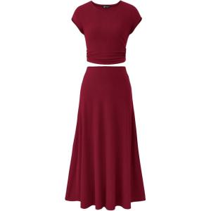 imagePRETTYGARDEN Womens 2 Piece Summer Outfits Dressy Casual Knit Short Sleeve Crop Top High Waist Midi Skirt SetWine Red