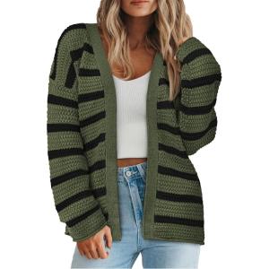 imagePRETTYGARDEN Womens 2024 Fall Striped Open Front Cardigan Sweaters Chunky Knit Long Sleeve Loose Trendy Winter CardigansStriped Army Green Black