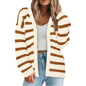 imagePRETTYGARDEN Womens 2024 Fall Striped Open Front Cardigan Sweaters Chunky Knit Long Sleeve Loose Trendy Winter CardigansStriped Beige Brown