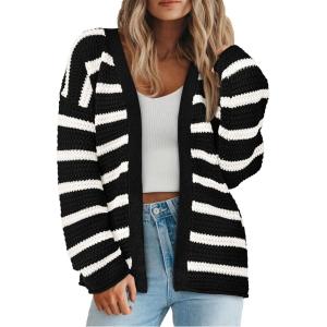 imagePRETTYGARDEN Womens 2024 Fall Striped Open Front Cardigan Sweaters Chunky Knit Long Sleeve Loose Trendy Winter CardigansStriped Black White