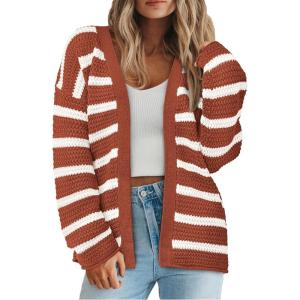 imagePRETTYGARDEN Womens 2024 Fall Striped Open Front Cardigan Sweaters Chunky Knit Long Sleeve Loose Trendy Winter CardigansStriped Brick Red White