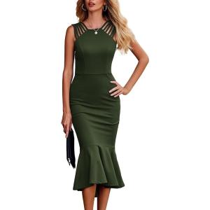 imagePRETTYGARDEN Womens Elegant Midi Bodycon Dress Sleeveless Backless Ruffle Hem Mermaid Formal Cocktail Wedding Guest DressesArmy Green