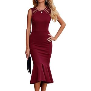 imagePRETTYGARDEN Womens Elegant Midi Bodycon Dress Sleeveless Backless Ruffle Hem Mermaid Formal Cocktail Wedding Guest DressesWine Red