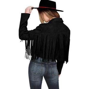 imagePRETTYGARDEN Womens Fringe Faux Suede Leather Jackets 2024 Fashion Tassel Motorcycle Cropped CoatsBlack