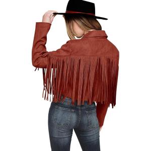 imagePRETTYGARDEN Womens Fringe Faux Suede Leather Jackets 2024 Fashion Tassel Motorcycle Cropped CoatsBrick Red