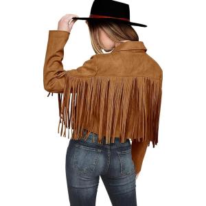 imagePRETTYGARDEN Womens Fringe Faux Suede Leather Jackets 2024 Fashion Tassel Motorcycle Cropped CoatsBrown Yellow