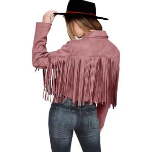 imagePRETTYGARDEN Womens Fringe Faux Suede Leather Jackets 2024 Fashion Tassel Motorcycle Cropped CoatsDark Pink