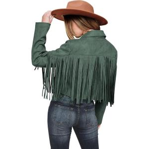 imagePRETTYGARDEN Womens Fringe Faux Suede Leather Jackets 2024 Fashion Tassel Motorcycle Cropped CoatsGreen
