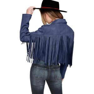 imagePRETTYGARDEN Womens Fringe Faux Suede Leather Jackets 2024 Fashion Tassel Motorcycle Cropped CoatsHaze Blue