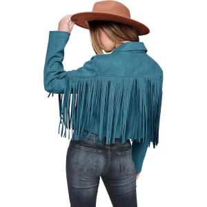 imagePRETTYGARDEN Womens Fringe Faux Suede Leather Jackets 2024 Fashion Tassel Motorcycle Cropped CoatsLake Blue