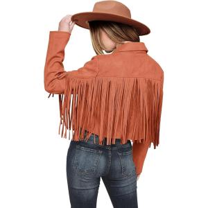 imagePRETTYGARDEN Womens Fringe Faux Suede Leather Jackets 2024 Fashion Tassel Motorcycle Cropped CoatsOrange