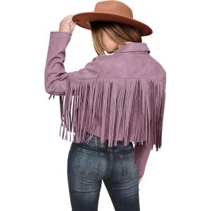 imagePRETTYGARDEN Womens Fringe Faux Suede Leather Jackets 2024 Fashion Tassel Motorcycle Cropped CoatsPurple
