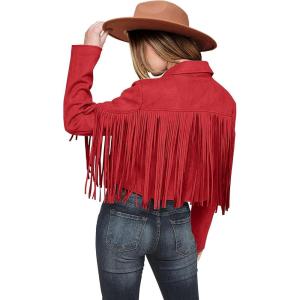 imagePRETTYGARDEN Womens Fringe Faux Suede Leather Jackets 2024 Fashion Tassel Motorcycle Cropped CoatsRed