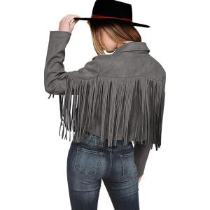 imagePRETTYGARDEN Womens Fringe Faux Suede Leather Jackets 2024 Fashion Tassel Motorcycle Cropped CoatsSilver Grey