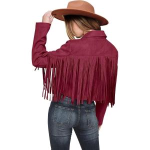 imagePRETTYGARDEN Womens Fringe Faux Suede Leather Jackets 2024 Fashion Tassel Motorcycle Cropped CoatsWine Red