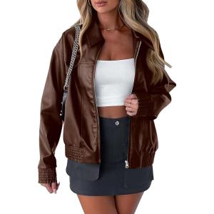 imagePRETTYGARDEN Womens Leather Jackets 2024 Fall Fashion Zip Up Motorcycle Coats Long Sleeve Winter Outfits OuterwearCoffee