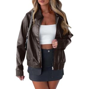 imagePRETTYGARDEN Womens Leather Jackets 2024 Fall Fashion Zip Up Motorcycle Coats Long Sleeve Winter Outfits OuterwearDark Grey