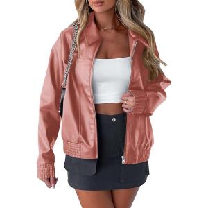 imagePRETTYGARDEN Womens Leather Jackets 2024 Fall Fashion Zip Up Motorcycle Coats Long Sleeve Winter Outfits OuterwearDark Pink