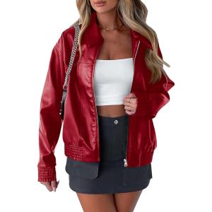 imagePRETTYGARDEN Womens Leather Jackets 2024 Fall Fashion Zip Up Motorcycle Coats Long Sleeve Winter Outfits OuterwearDark Red