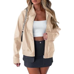 imagePRETTYGARDEN Womens Leather Jackets 2024 Fall Fashion Zip Up Motorcycle Coats Long Sleeve Winter Outfits OuterwearLight Khaki