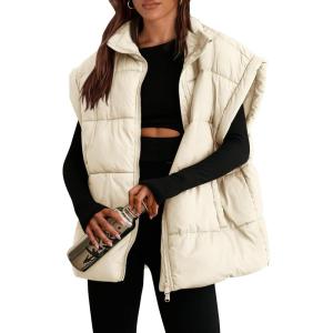 imagePRETTYGARDEN Womens Puffer Vest Fall Casual Stand Collar Lightweight Sleeveless Zip Up Padded Jackets OuterwearBeige