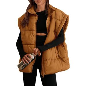 imagePRETTYGARDEN Womens Puffer Vest Fall Casual Stand Collar Lightweight Sleeveless Zip Up Padded Jackets OuterwearBrown