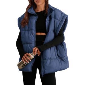 imagePRETTYGARDEN Womens Puffer Vest Fall Casual Stand Collar Lightweight Sleeveless Zip Up Padded Jackets OuterwearDark Blue