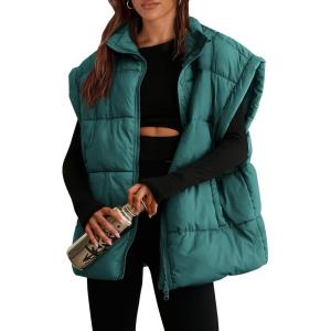 imagePRETTYGARDEN Womens Puffer Vest Fall Casual Stand Collar Lightweight Sleeveless Zip Up Padded Jackets OuterwearDark Green