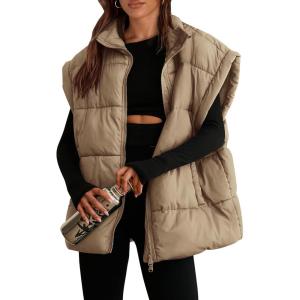 imagePRETTYGARDEN Womens Puffer Vest Fall Casual Stand Collar Lightweight Sleeveless Zip Up Padded Jackets OuterwearKhaki