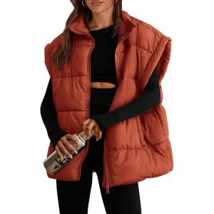 imagePRETTYGARDEN Womens Puffer Vest Fall Casual Stand Collar Lightweight Sleeveless Zip Up Padded Jackets OuterwearRust Red