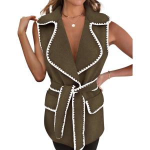 imagePRETTYGARDEN Womens Winter Coats V Neck Button Belt Pockets Sleeveless Cardigan Fall Warm Long Vest JacketsArmy Green