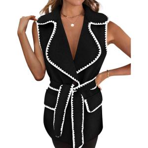 imagePRETTYGARDEN Womens Winter Coats V Neck Button Belt Pockets Sleeveless Cardigan Fall Warm Long Vest JacketsBlack