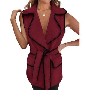 imagePRETTYGARDEN Womens Winter Coats V Neck Button Belt Pockets Sleeveless Cardigan Fall Warm Long Vest JacketsWine Red