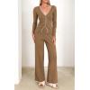 imagePRETTYGARDEN Womens 2 Piece Lounge Outfits Long Sleeve V Neck Button Top Wide Leg Pants Knit Sweater Tracksuit SetCamel