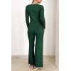 imagePRETTYGARDEN Womens 2 Piece Lounge Outfits Long Sleeve V Neck Button Top Wide Leg Pants Knit Sweater Tracksuit SetDark Green