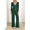 imagePRETTYGARDEN Womens 2 Piece Lounge Outfits Long Sleeve V Neck Button Top Wide Leg Pants Knit Sweater Tracksuit SetDark Green