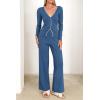 imagePRETTYGARDEN Womens 2 Piece Lounge Outfits Long Sleeve V Neck Button Top Wide Leg Pants Knit Sweater Tracksuit SetGrey Blue