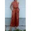 imagePRETTYGARDEN Womens 2 Piece Outfits 2024 Summer Casual Sleeveless Mock Neck Crop Tops Wide Leg Pants SetBrown Red