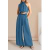 imagePRETTYGARDEN Womens 2 Piece Outfits 2024 Summer Casual Sleeveless Mock Neck Crop Tops Wide Leg Pants SetLight Lake Blue