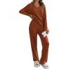 imagePRETTYGARDEN Womens 2 Piece Lounge Sets Ribbed Knit Long Sleeve V Neck Pullover Tops Wide Leg Pants Fall Winter OutfitsYellow Brown