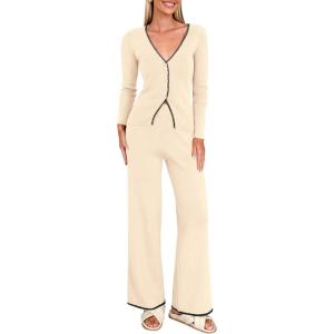 imagePRETTYGARDEN Womens 2 Piece Lounge Outfits Long Sleeve V Neck Button Top Wide Leg Pants Knit Sweater Tracksuit SetBeige
