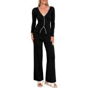 imagePRETTYGARDEN Womens 2 Piece Lounge Outfits Long Sleeve V Neck Button Top Wide Leg Pants Knit Sweater Tracksuit SetBlack