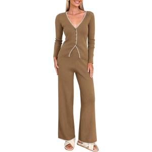 imagePRETTYGARDEN Womens 2 Piece Lounge Outfits Long Sleeve V Neck Button Top Wide Leg Pants Knit Sweater Tracksuit SetCamel
