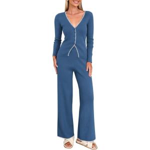 imagePRETTYGARDEN Womens 2 Piece Lounge Outfits Long Sleeve V Neck Button Top Wide Leg Pants Knit Sweater Tracksuit SetGrey Blue