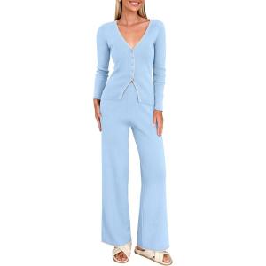 imagePRETTYGARDEN Womens 2 Piece Lounge Outfits Long Sleeve V Neck Button Top Wide Leg Pants Knit Sweater Tracksuit SetLight Blue