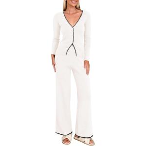 imagePRETTYGARDEN Womens 2 Piece Lounge Outfits Long Sleeve V Neck Button Top Wide Leg Pants Knit Sweater Tracksuit SetWhite