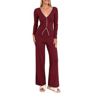 imagePRETTYGARDEN Womens 2 Piece Lounge Outfits Long Sleeve V Neck Button Top Wide Leg Pants Knit Sweater Tracksuit SetWine Red