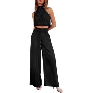 imagePRETTYGARDEN Womens 2 Piece Outfits 2024 Summer Casual Sleeveless Mock Neck Crop Tops Wide Leg Pants SetBlack