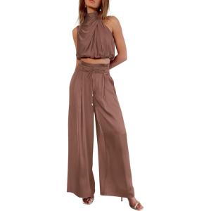 imagePRETTYGARDEN Womens 2 Piece Outfits 2024 Summer Casual Sleeveless Mock Neck Crop Tops Wide Leg Pants SetCoffee