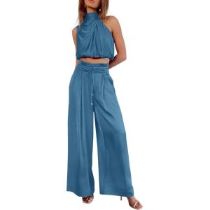 imagePRETTYGARDEN Womens 2 Piece Outfits 2024 Summer Casual Sleeveless Mock Neck Crop Tops Wide Leg Pants SetLight Lake Blue